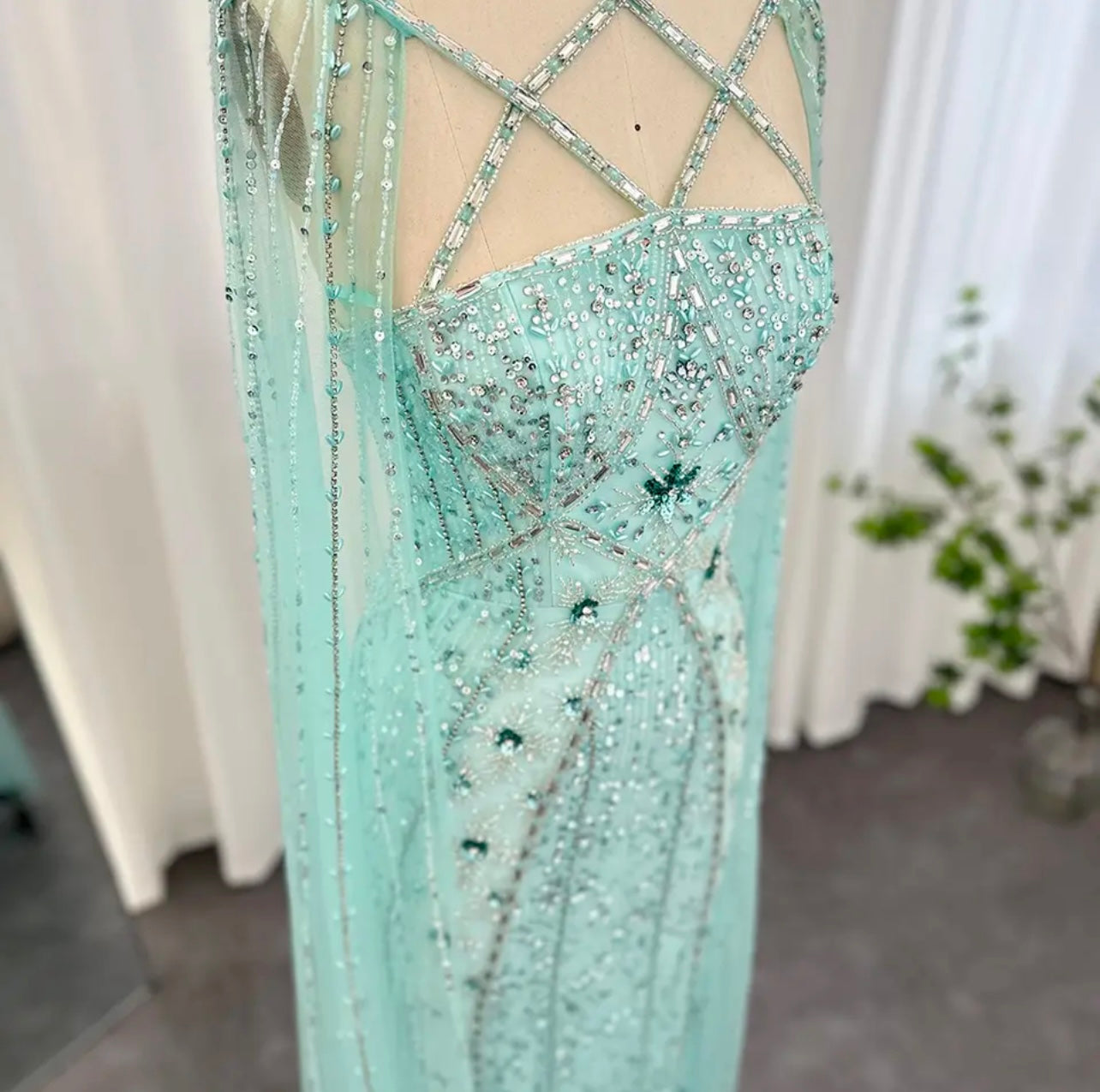 Luxury Aqua Lilac Mermaid Evening Dress with Cape Sleeves Criss Cross Guest of Wedding Gowns