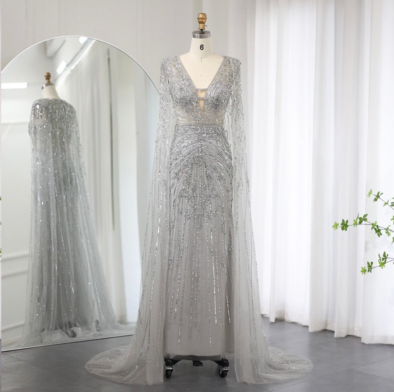 Elegant Turquoise Mermaid Evening Dresses with Cape Sleeves V-Neck Silver Grey Wedding Formal Guest of Wedding Bridesmaid Gowns