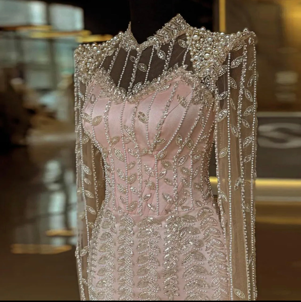 White Embellished Beads and Pearls Evening Dress Women Formal Occasion Dresses Long Sleeve Dubai Celebrity Influencer Dress Fashion