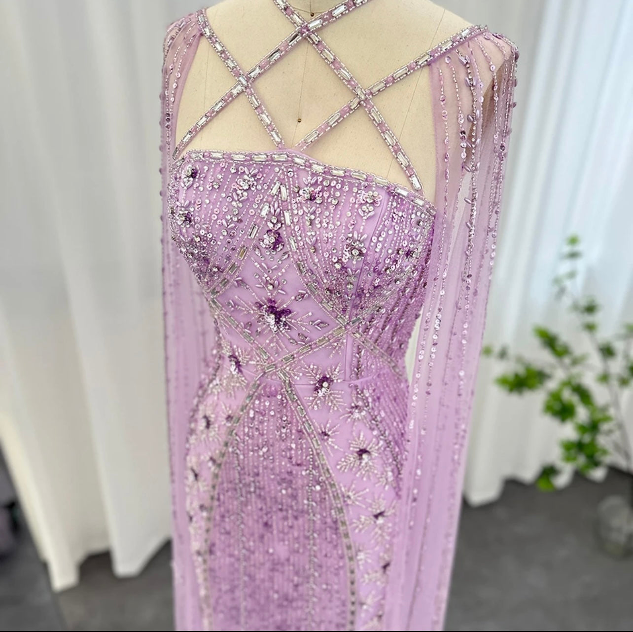 Luxury Aqua Lilac Mermaid Evening Dress with Cape Sleeves Criss Cross Guest of Wedding Gowns
