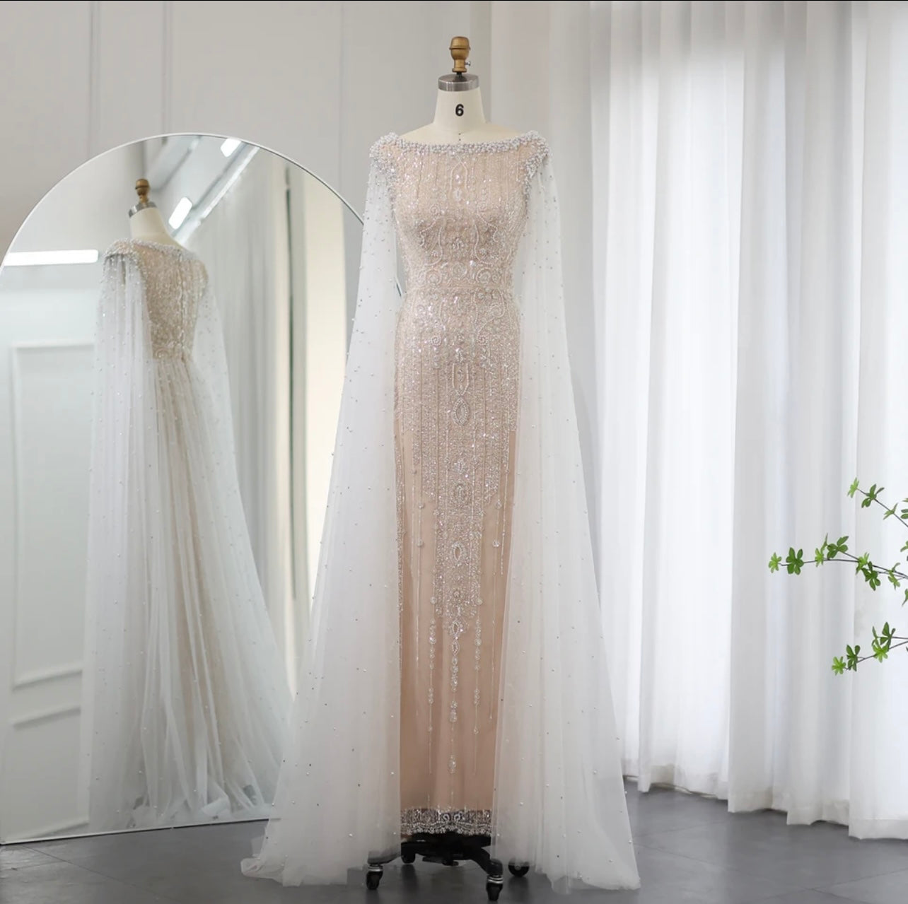 White Nude Mermaid Evening Dress with Cape Sleeves for Women Wedding Guest of Wedding Gala Arabic Bridal Party Gown