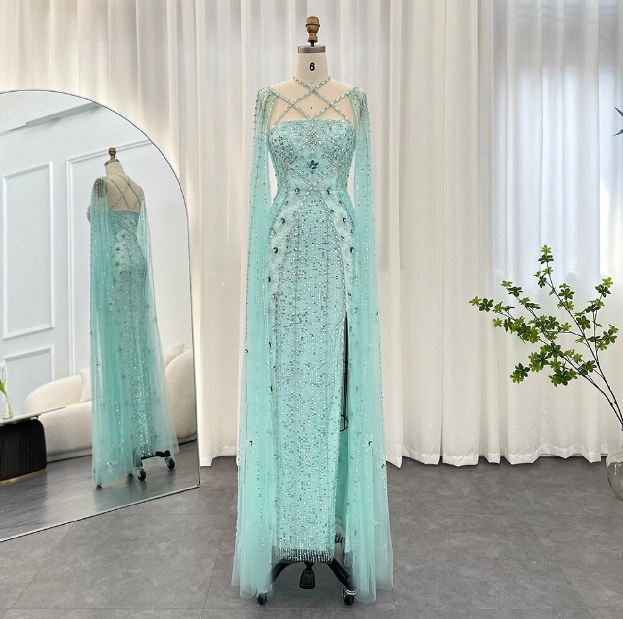 Luxury Aqua Lilac Mermaid Evening Dress with Cape Sleeves Criss Cross Guest of Wedding Gowns