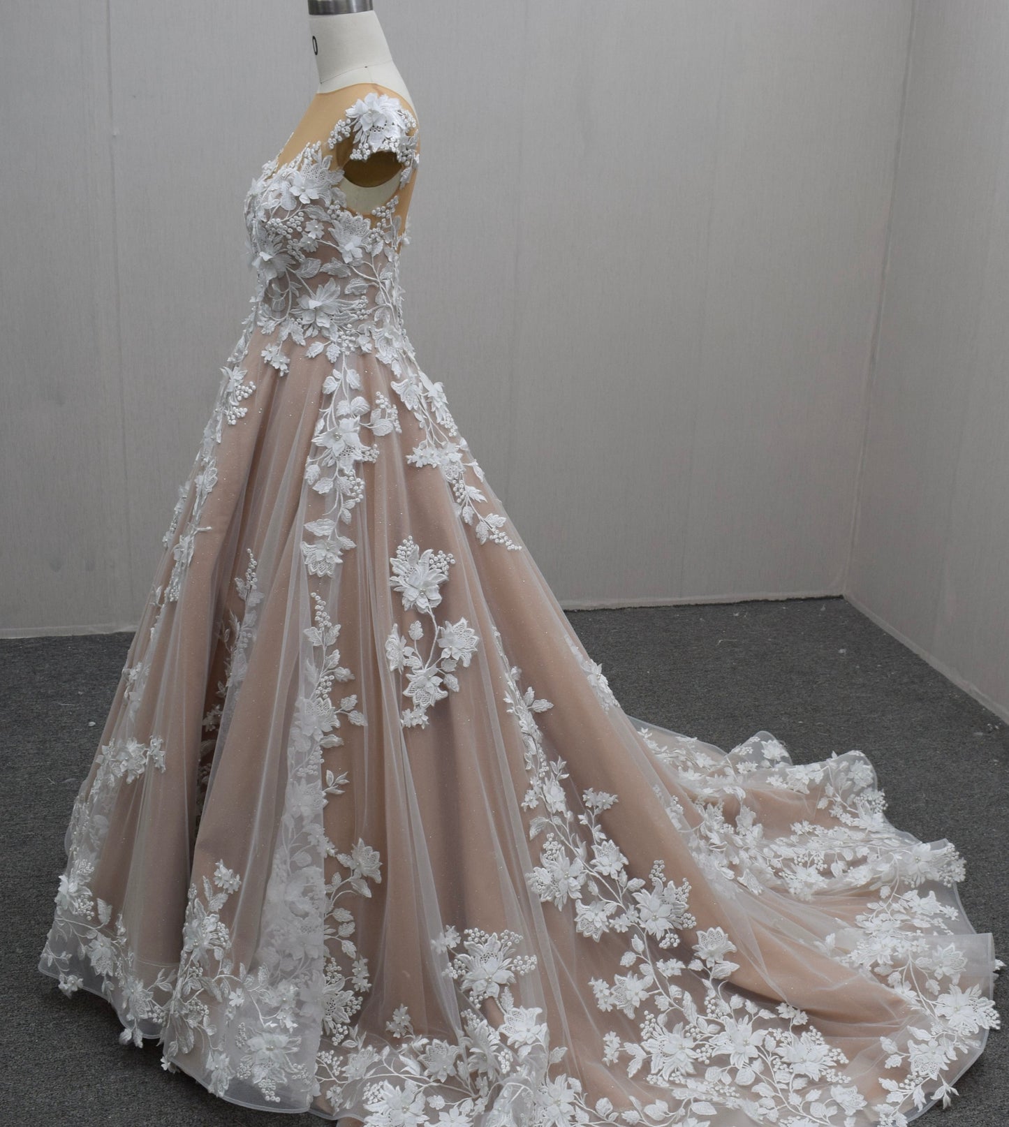 Sand Bridal Gown with Floral Lace Appliqué Pearls A-Line Cathedral Train Wedding Dresss