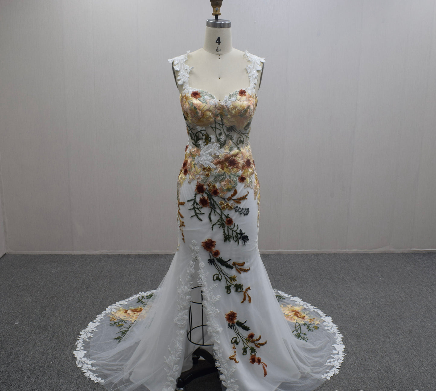 Bridal Gown Colorful Floral Lace Appliqué