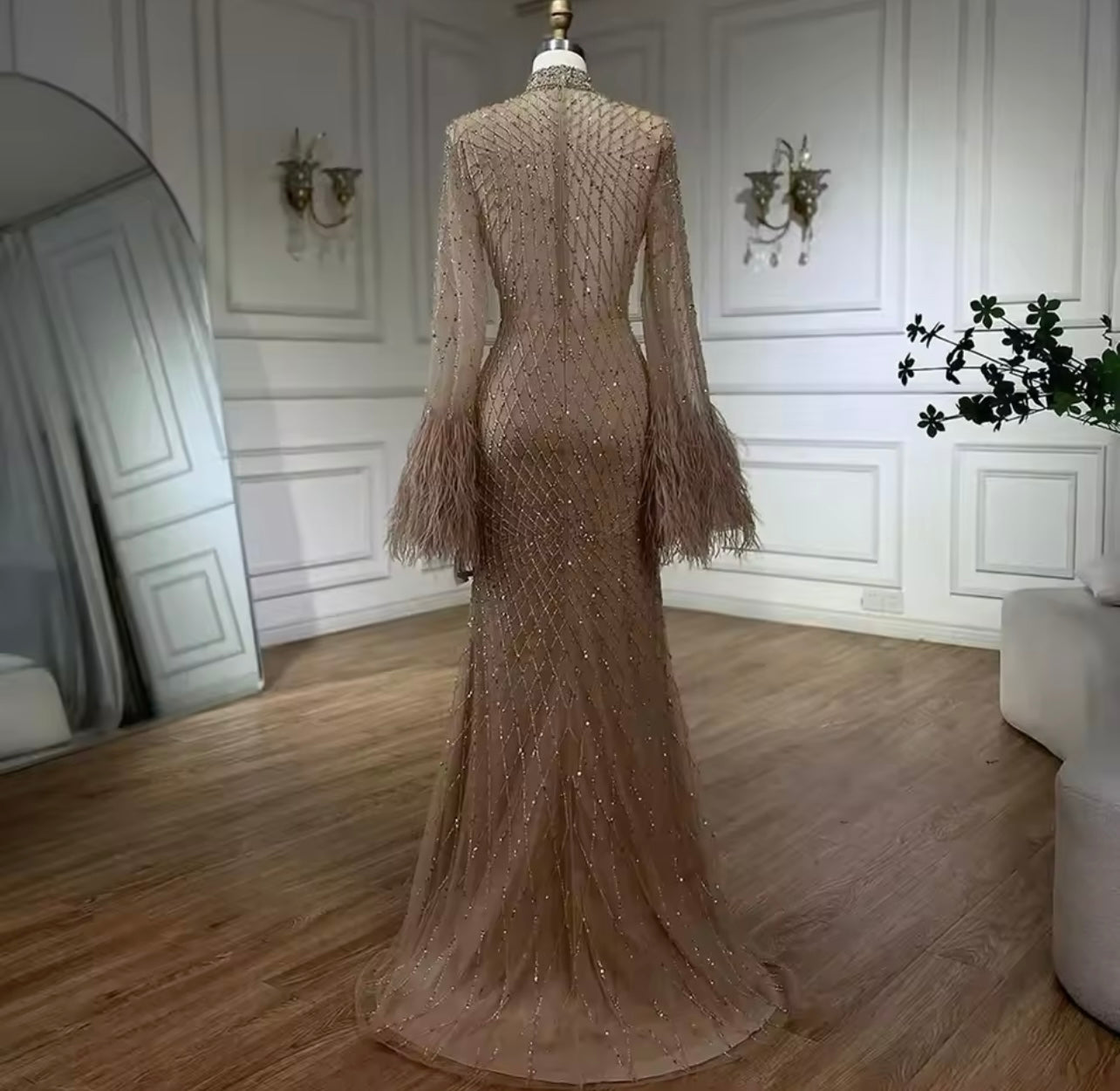 Dubai Ball Gown Nude Illusion Cut Out Lace Embellished with Beads Feather Detail Mermaid Long Evening Guest Of Wedding Dress