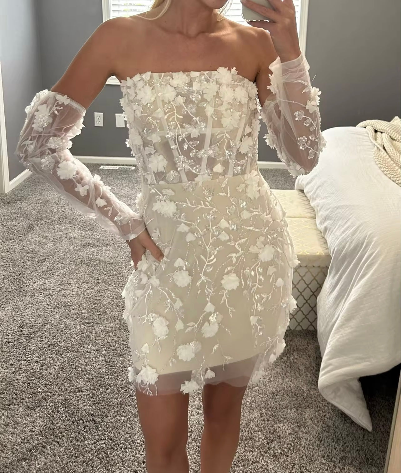 The Perfect Short Bridal Party Dress With Floral Detail Strapless Matching Gloves