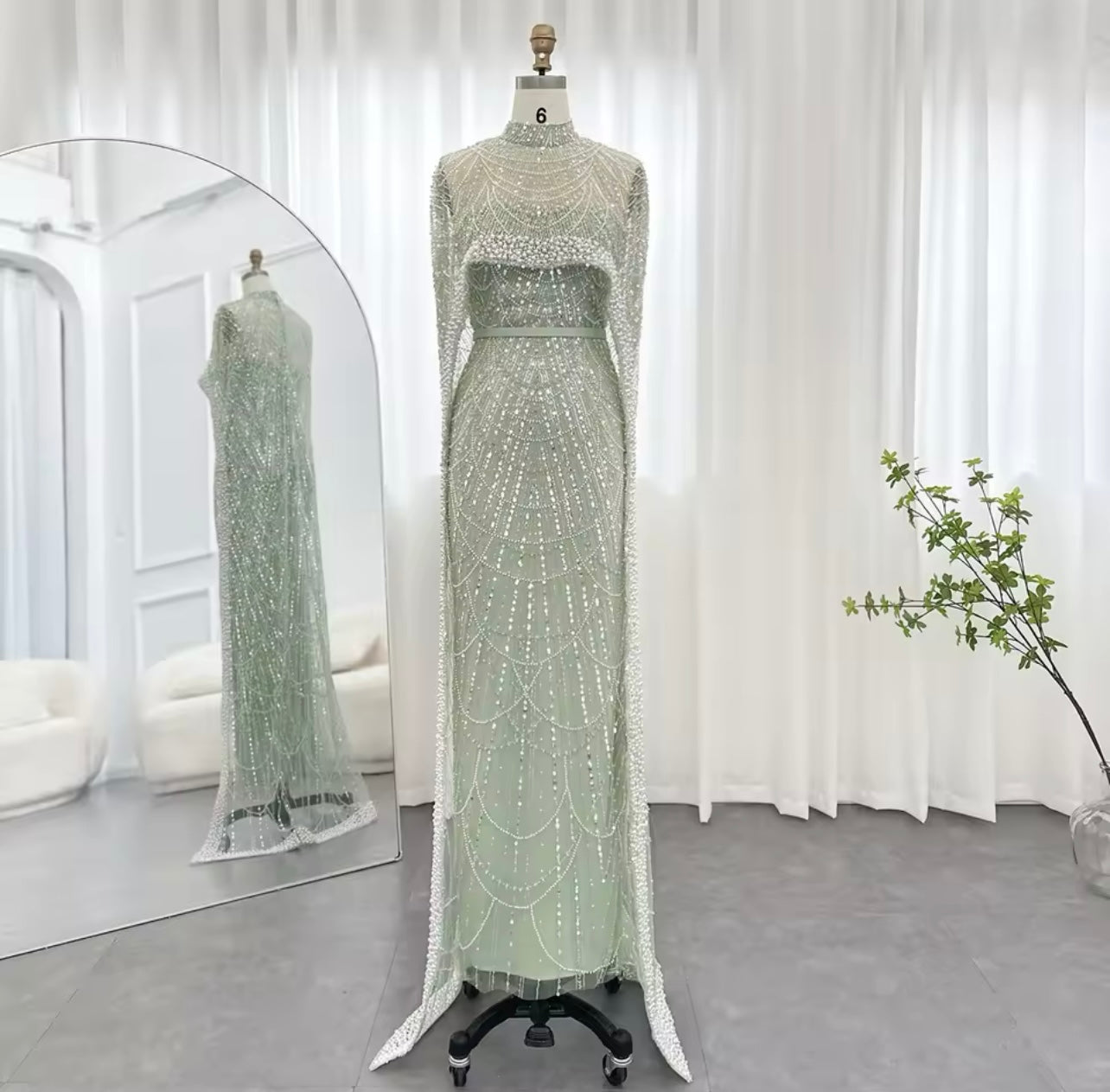 Luxury Pearls Dubai Champagne Mermaid Evening Dresses with Cape Guest of Wedding Gala Gown