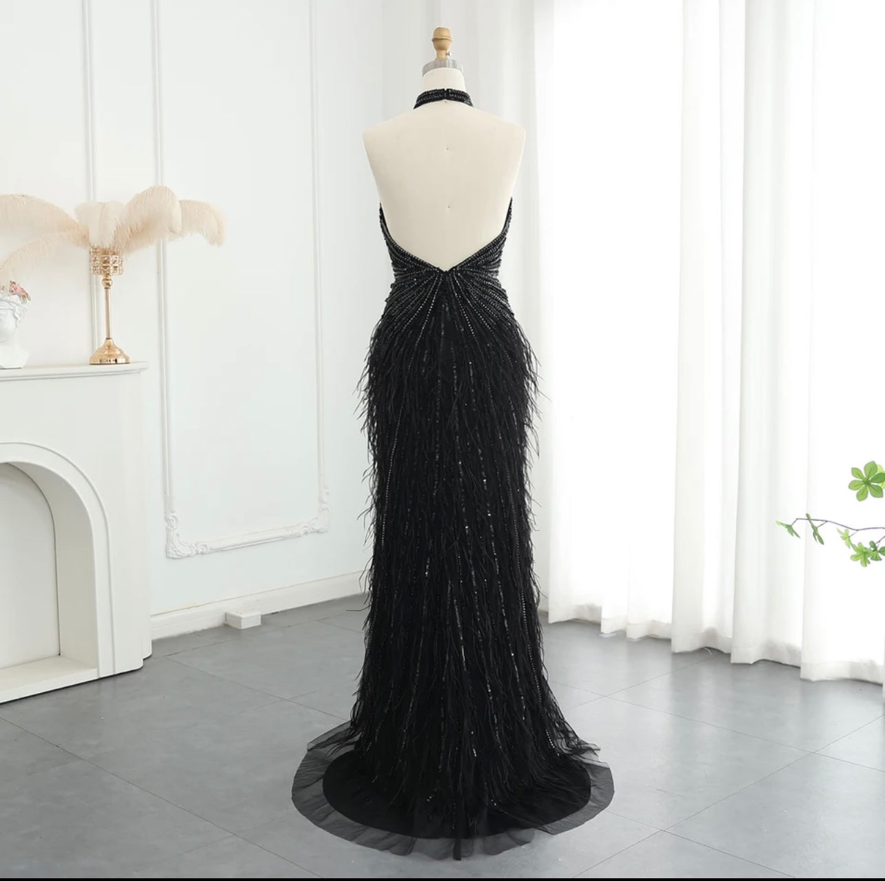 Luxury Beaded Feathers Mermaid Silver Gray Evening Dress Guest of Wedding Halter Backless Formal Gown