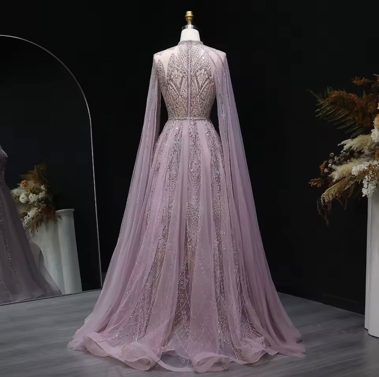 Luxury Evening Dress with Cape Sleeves Gala Wedding Guest Party Ball Gown