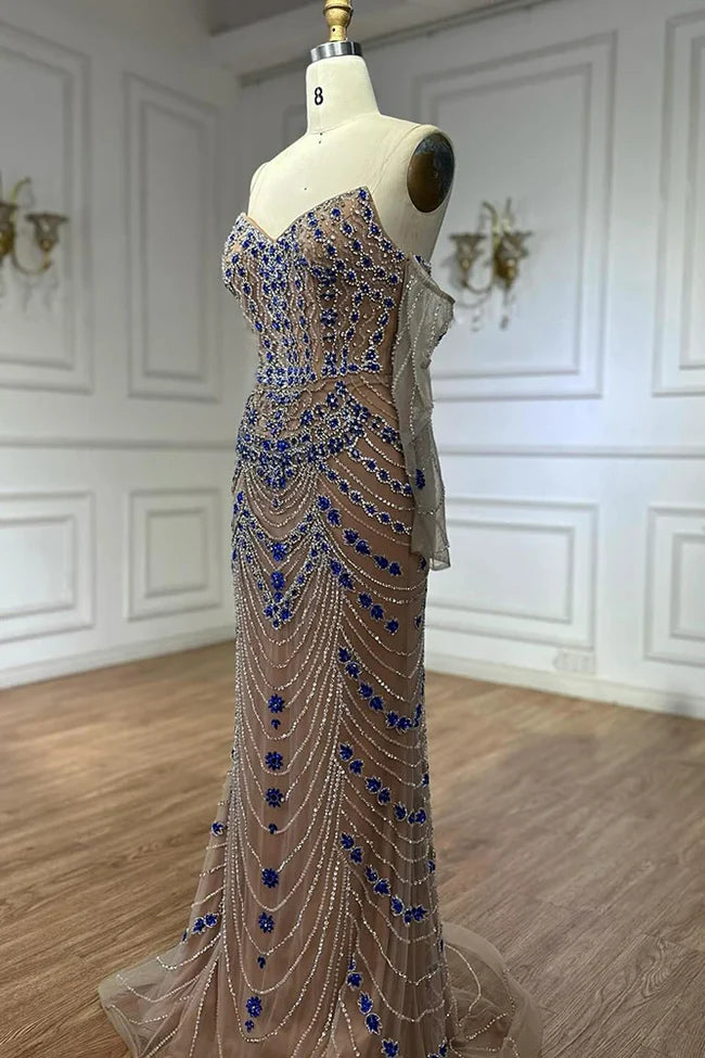 Blue Saudi Arabic Evening Gown Strapless Long Sleeves Beaded Dress For Formal Occasions Birthday Dress Ball Gown