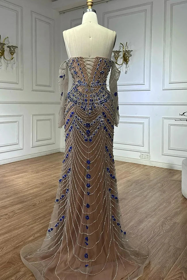 Blue Saudi Arabic Evening Gown Strapless Long Sleeves Beaded Dress For Formal Occasions Birthday Dress Ball Gown