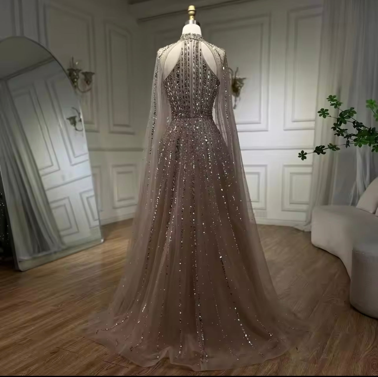 Caramel A-Line Cape Sleeves Beaded Luxury Dubai Evening Dresses Gowns For Women Guest of Wedding