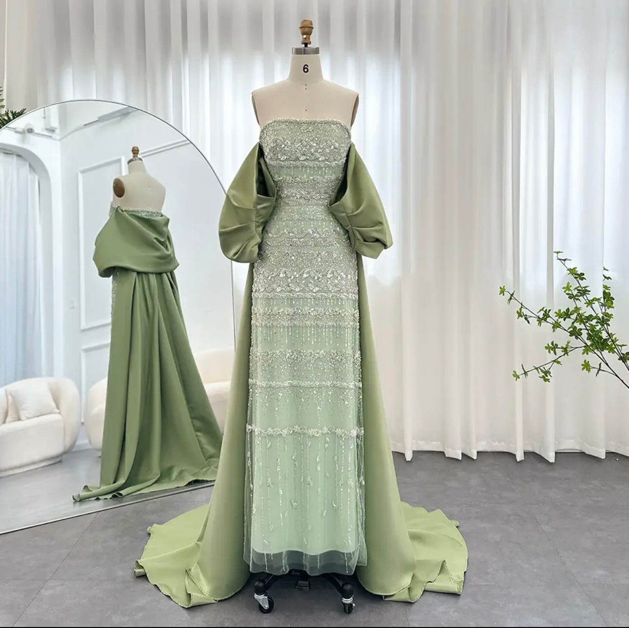 Elegant Sage Green Evening Dresses with Cape Formal Gown Guest of Wedding Bridesmaid Dress