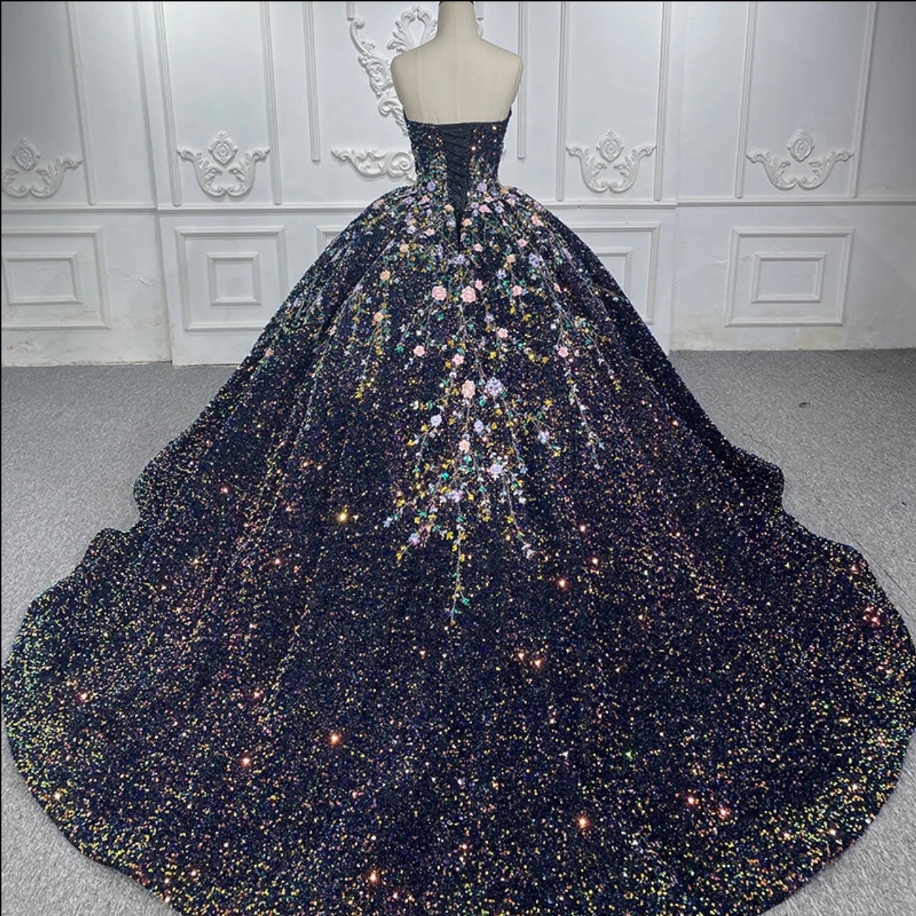 Unique Black Sequined Floral Detail Quinceanera dress