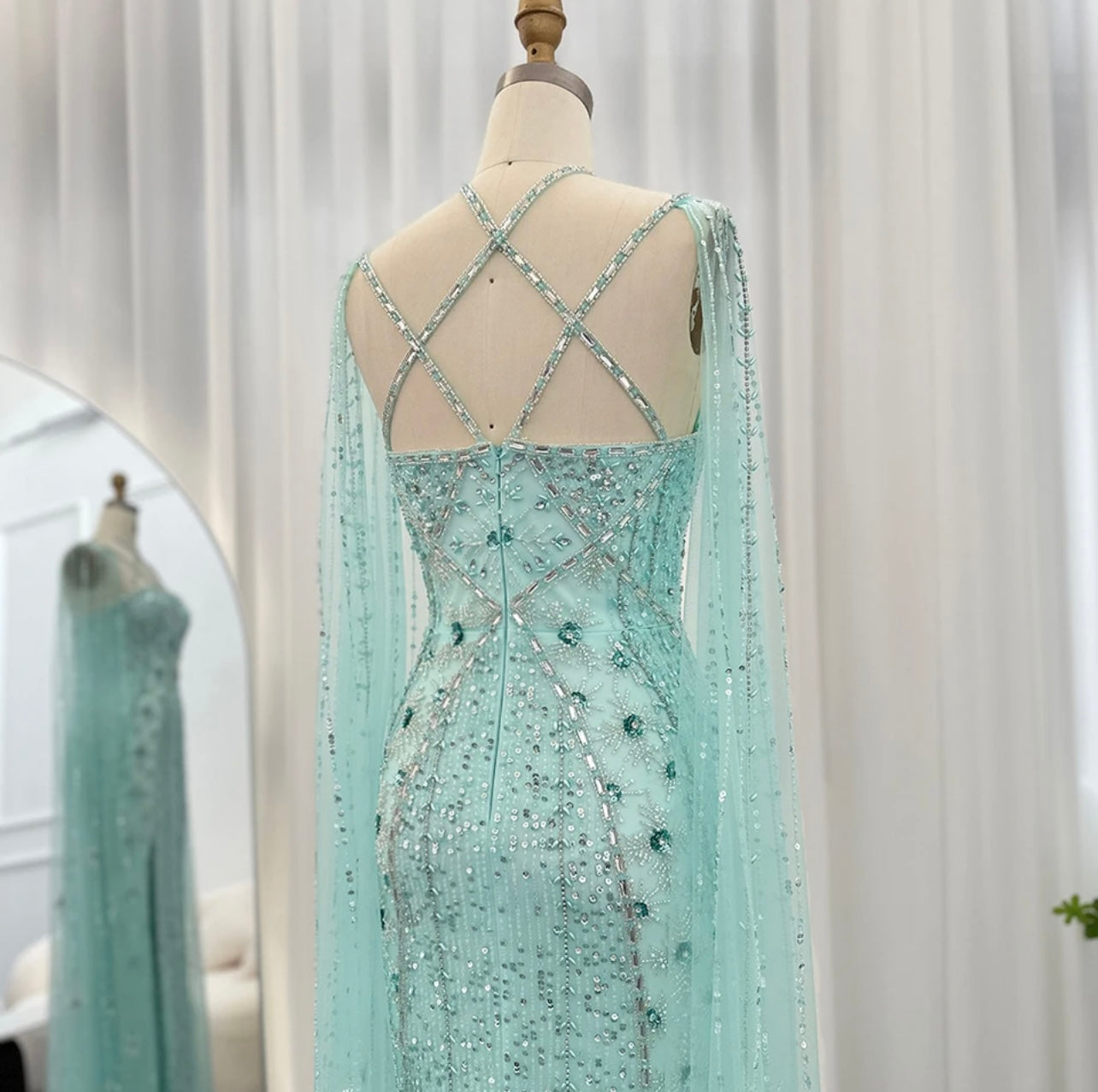Luxury Aqua Lilac Mermaid Evening Dress with Cape Sleeves Criss Cross Guest of Wedding Gowns