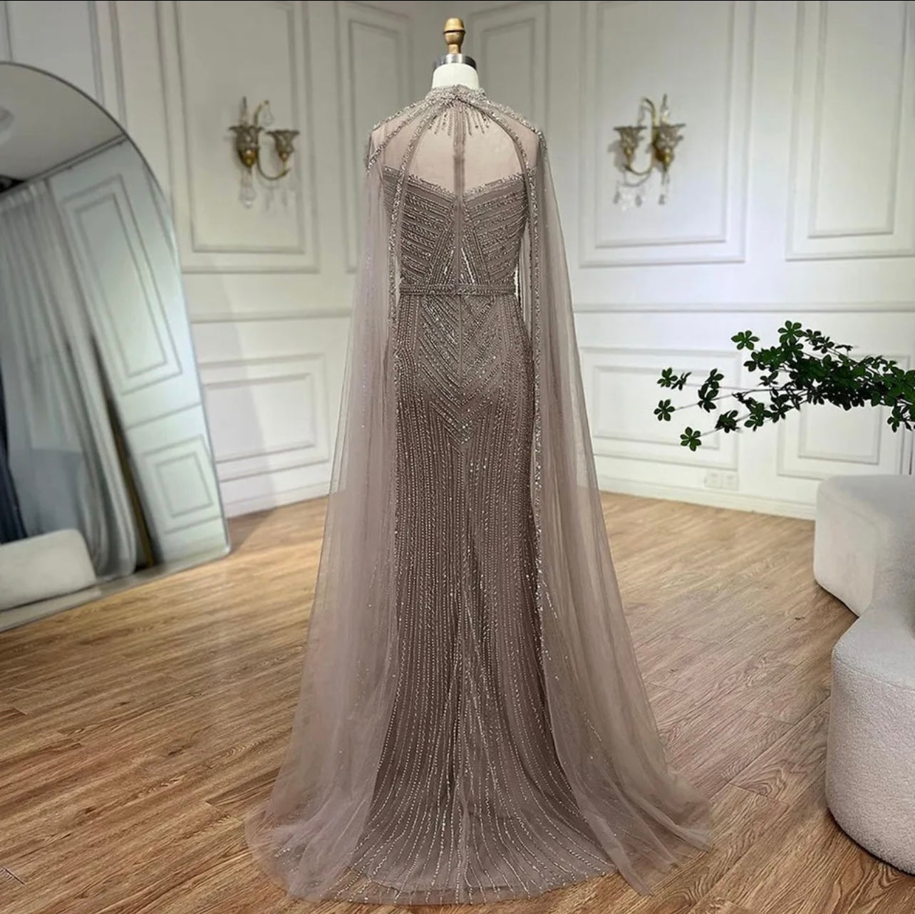Caramel Elegant Cape Sleeves Mermaid Beaded Evening Dresses Long Gowns Guest of Wedding