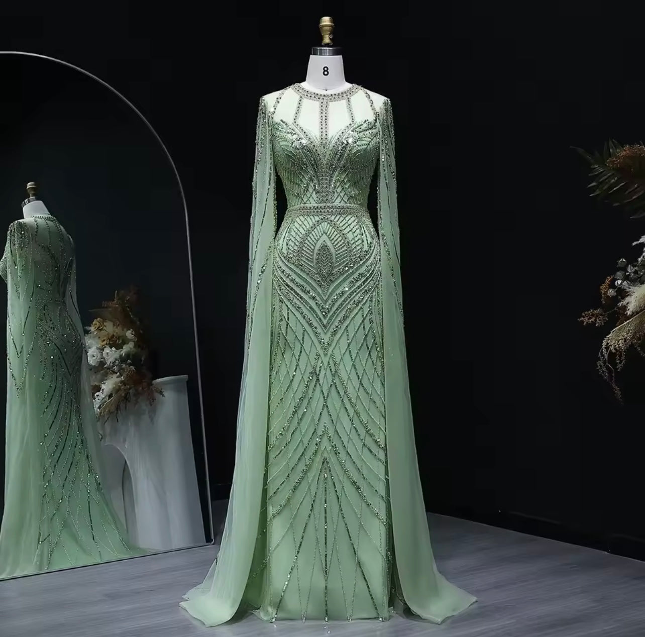 Luxury Dubai Green Mermaid Evening Dress with Cape Sleeves Caramel Arabic Women Wedding Party Ball Gown