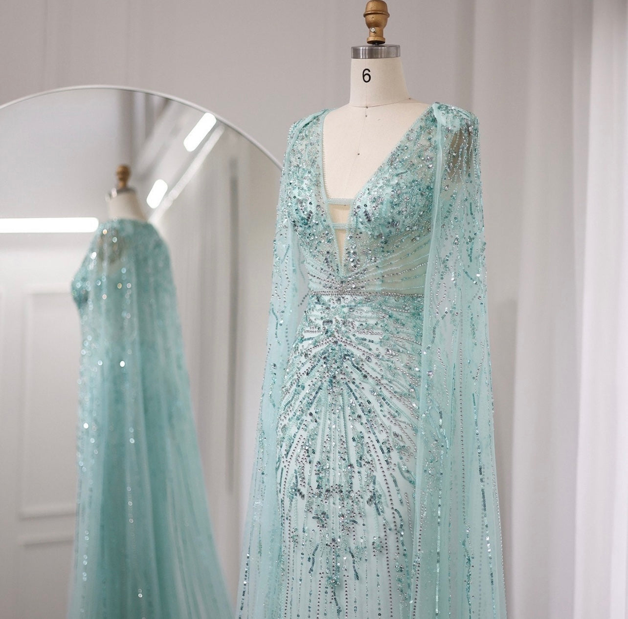 Elegant Turquoise Mermaid Evening Dresses with Cape Sleeves V-Neck Silver Grey Wedding Formal Guest of Wedding Bridesmaid Gowns