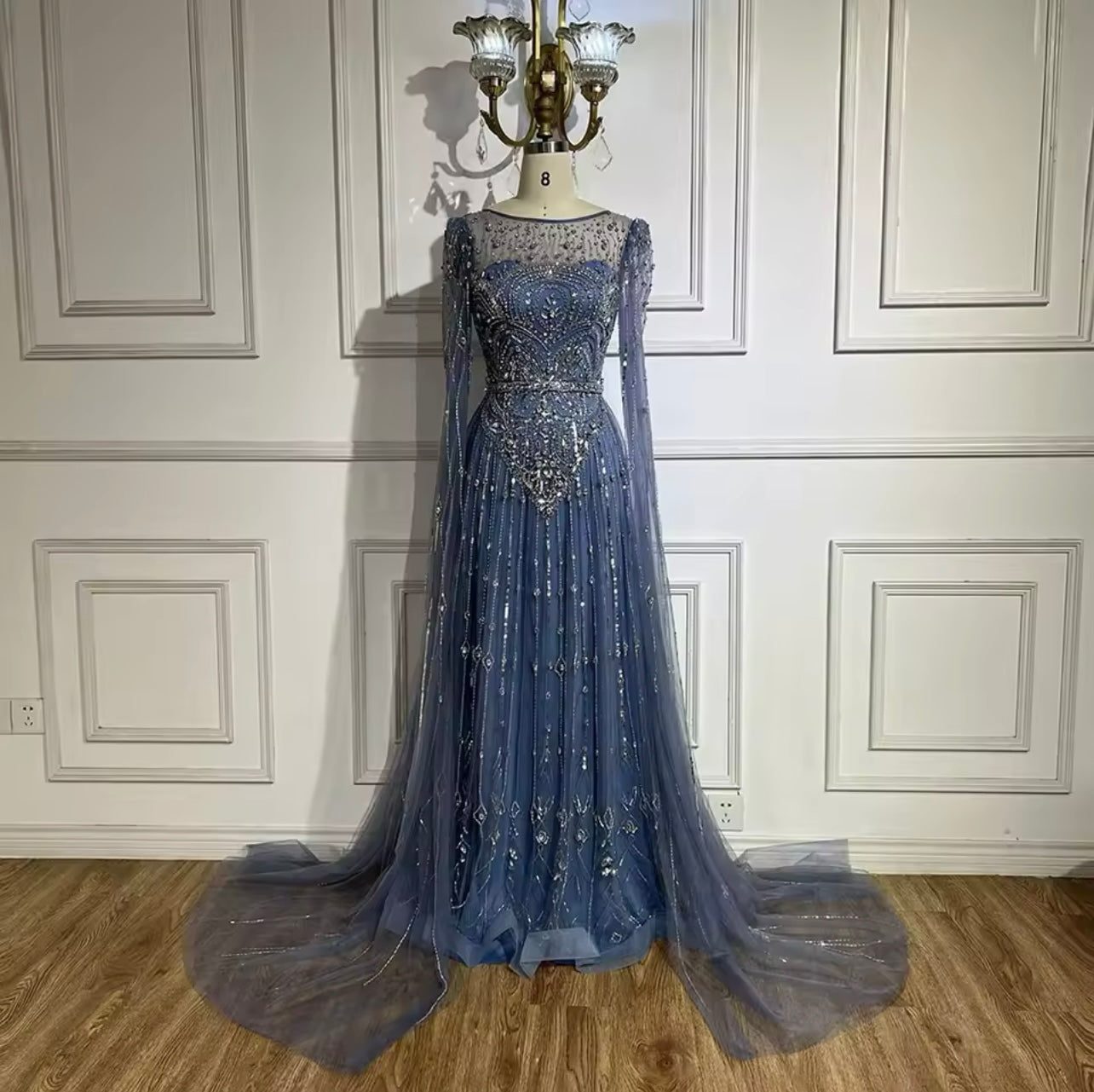 Luxury Pearls Dubai Champagne Mermaid Evening Dresses with Cape Guest of Wedding Gala Gown