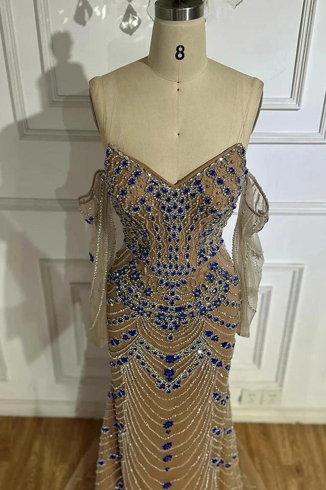 Blue Saudi Arabic Evening Gown Strapless Long Sleeves Beaded Dress For Formal Occasions Birthday Dress Ball Gown