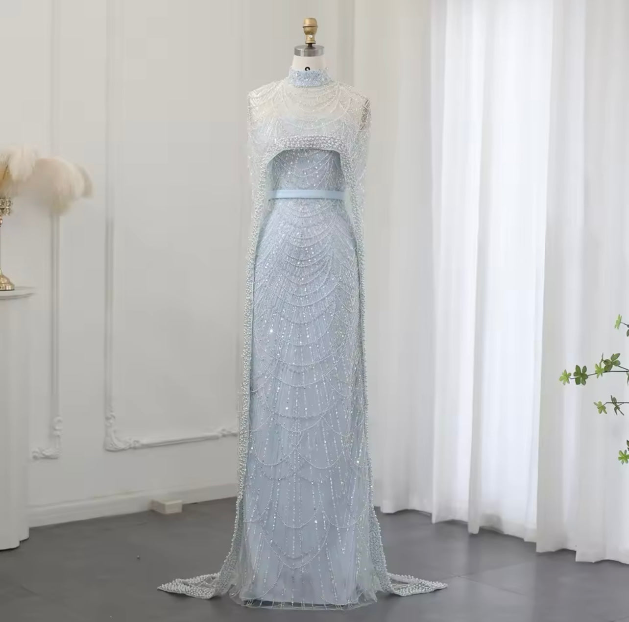 Luxury Pearls Dubai Champagne Mermaid Evening Dresses with Cape Guest of Wedding Gala Gown