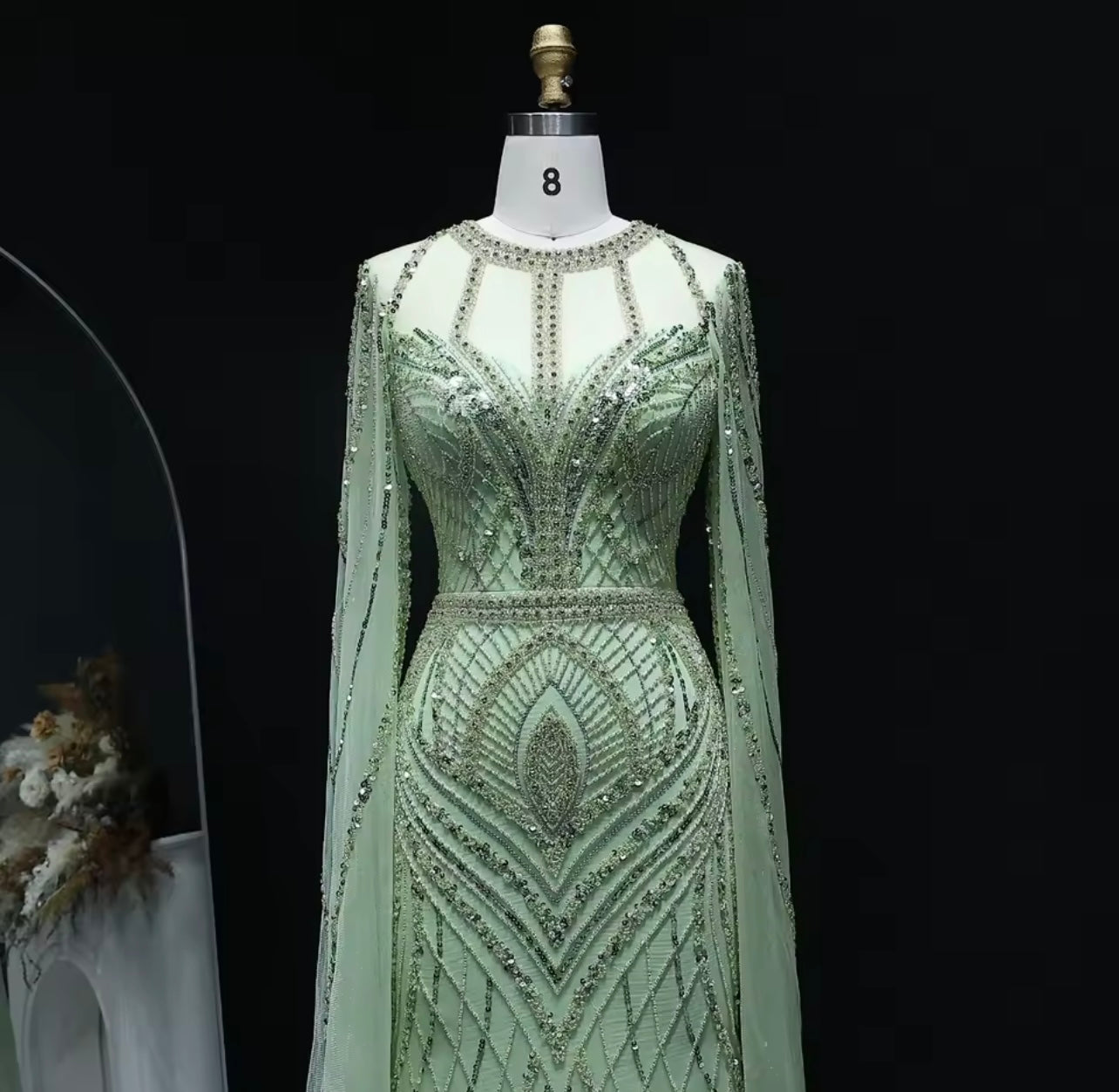 Luxury Dubai Green Mermaid Evening Dress with Cape Sleeves Caramel Arabic Women Wedding Party Ball Gown