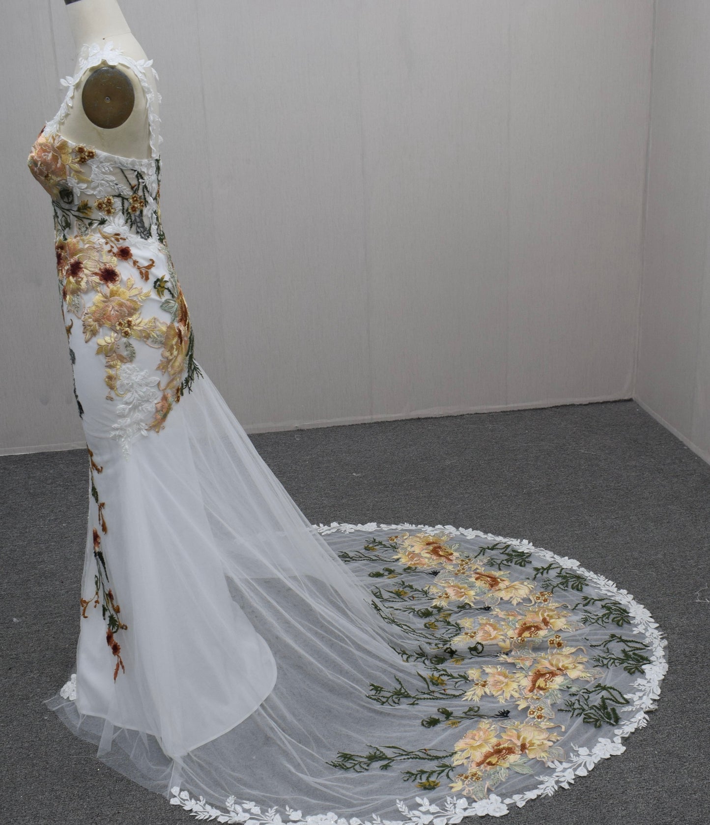 Bridal Gown Colorful Floral Lace Appliqué