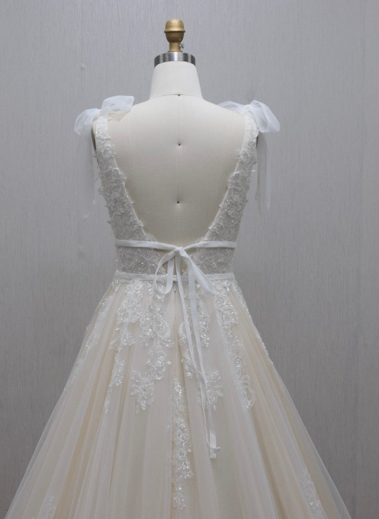 Ivory Wedding Gown With floral Lace Appliqué Deep V neck