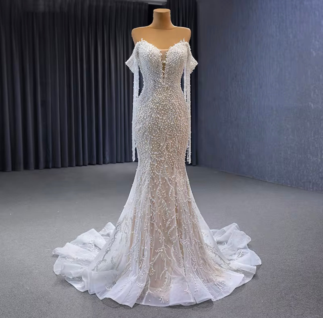 Ivory Off-The-Shoulder Full Sleeves Beads and Pearls Mermaid Wedding Dress