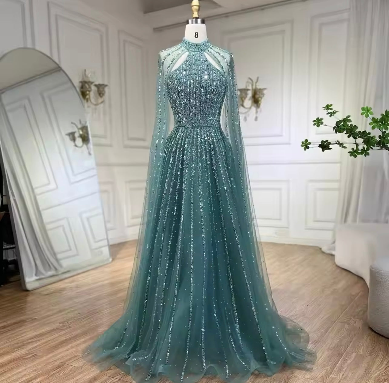 Caramel A-Line Cape Sleeves Beaded Luxury Dubai Evening Dresses Gowns For Women Guest of Wedding