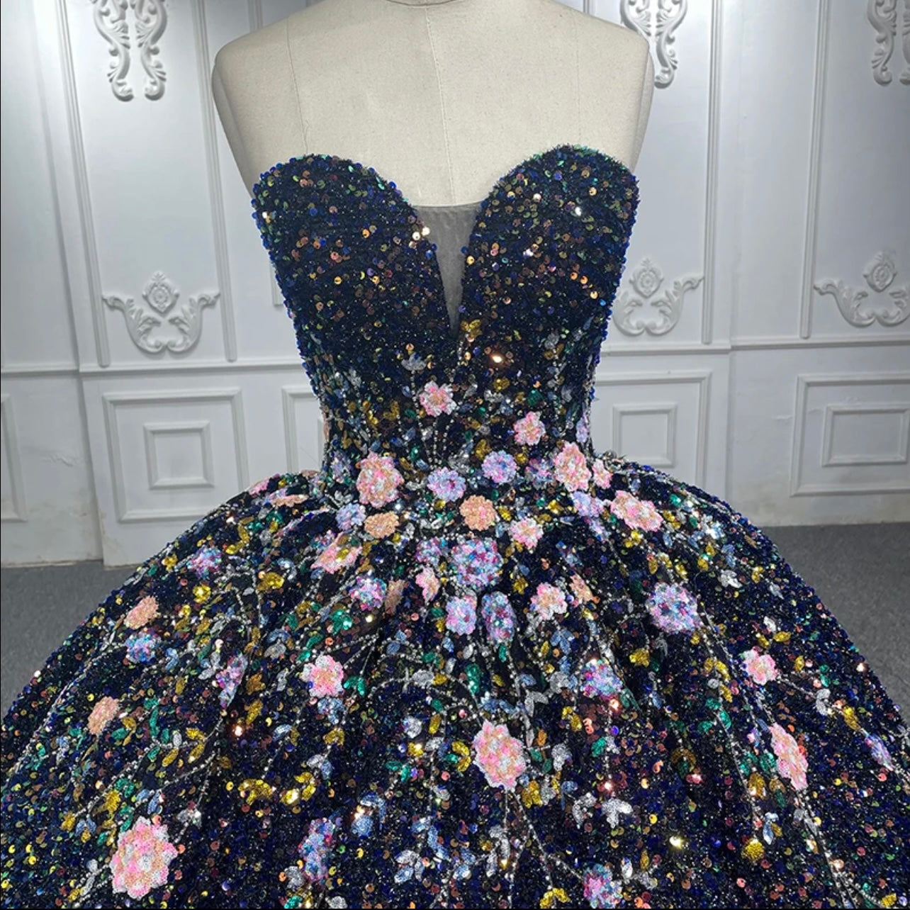 Unique Black Sequined Floral Detail Quinceanera dress