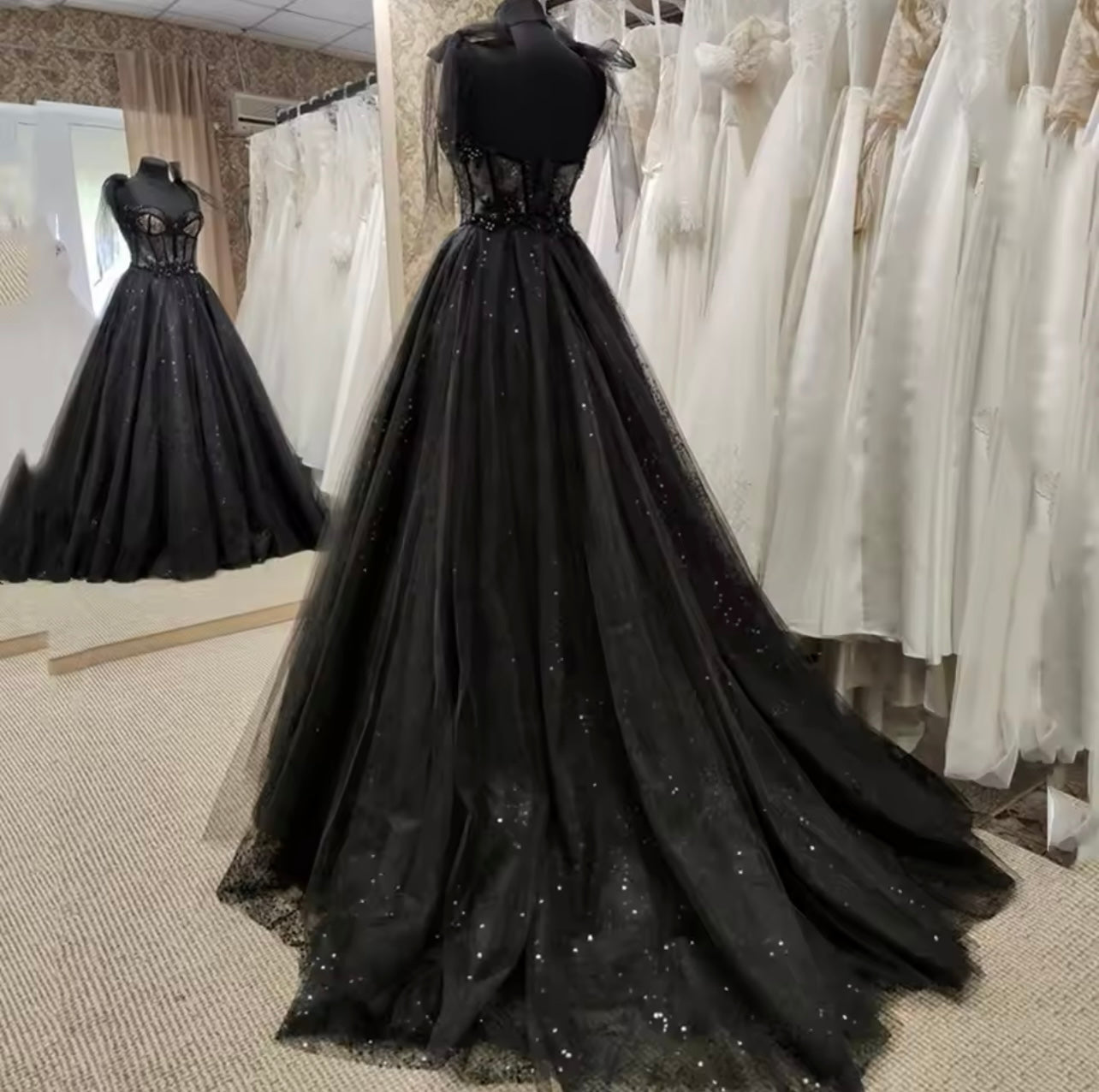 Black Backless Tulle Wedding Dress Elegant A-Line Prom Dress with Sweep Train