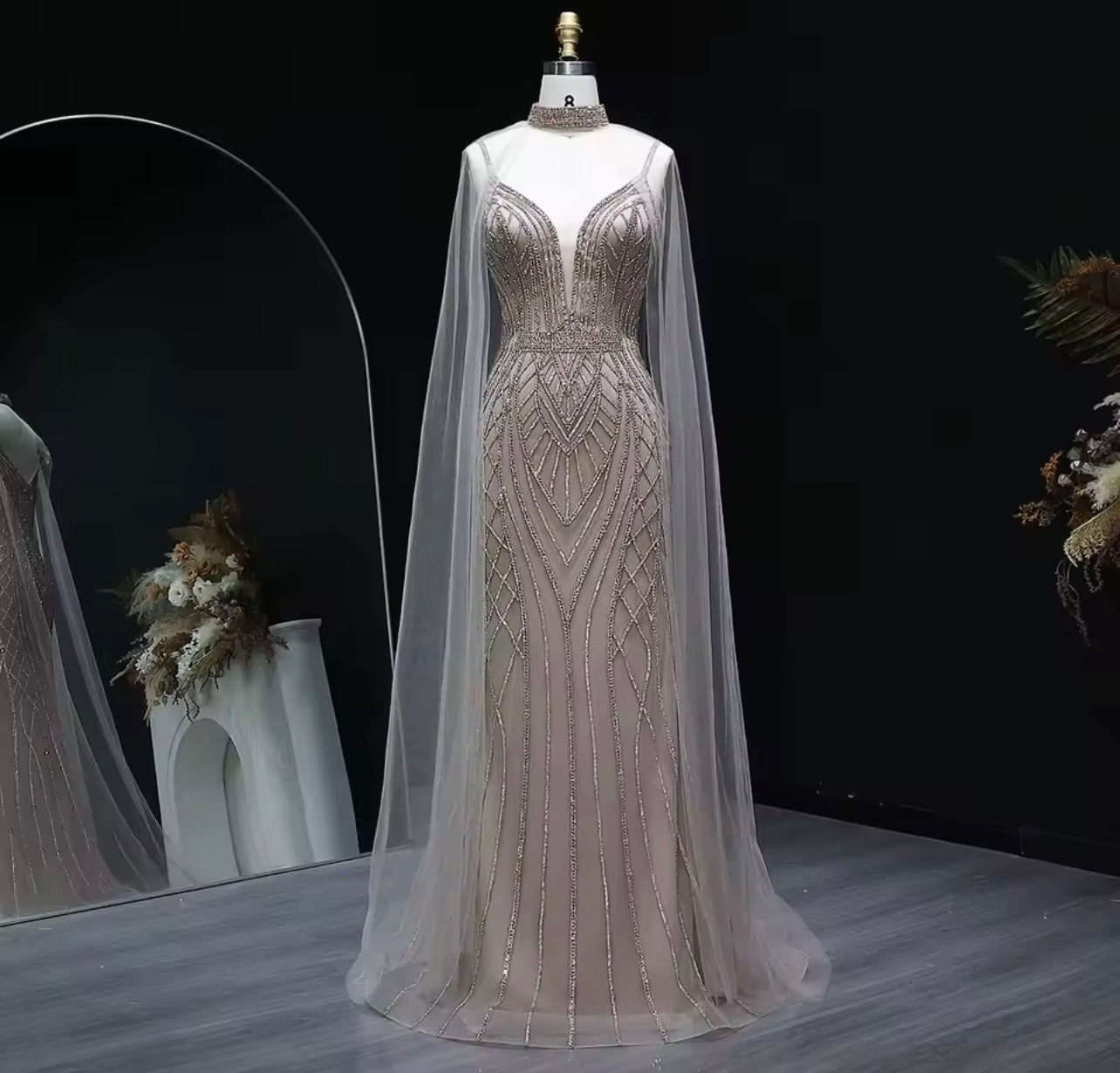 Crystal Mermaid Evening Dress with Cape Sleeves Guest Of Wedding Ball Gown