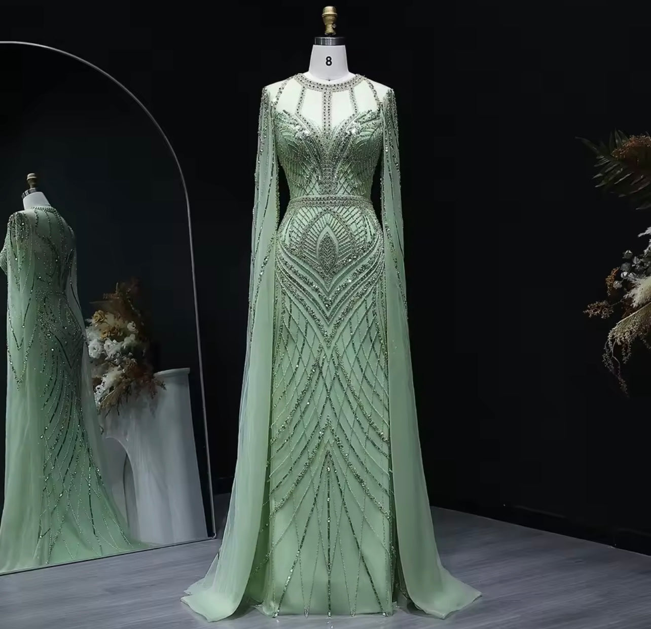 Luxury Dubai Green Mermaid Evening Dress with Cape Sleeves Caramel Arabic Women Wedding Party Ball Gown