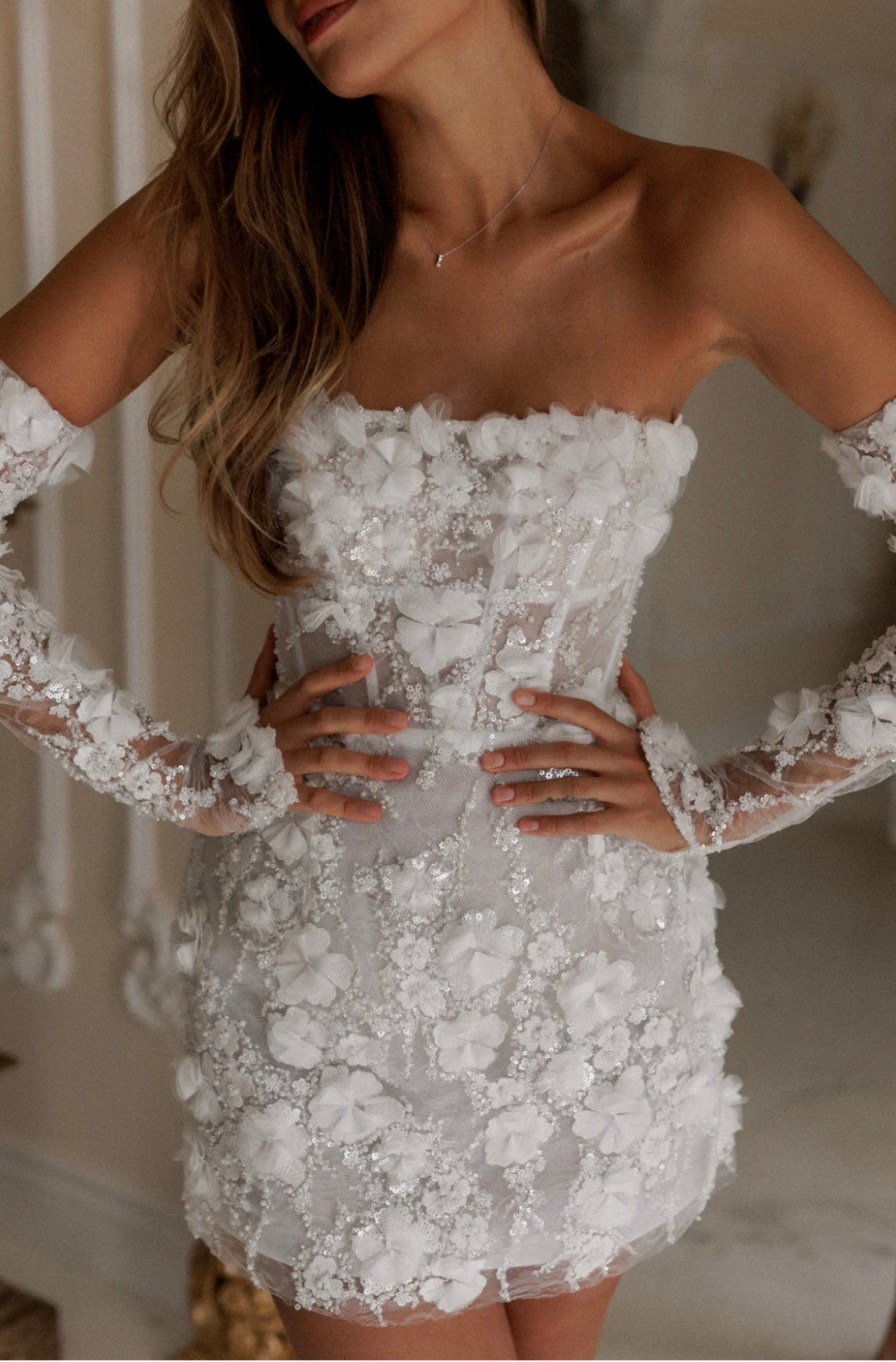 The Perfect Short Bridal Party Dress With Floral Detail Strapless Matching Gloves