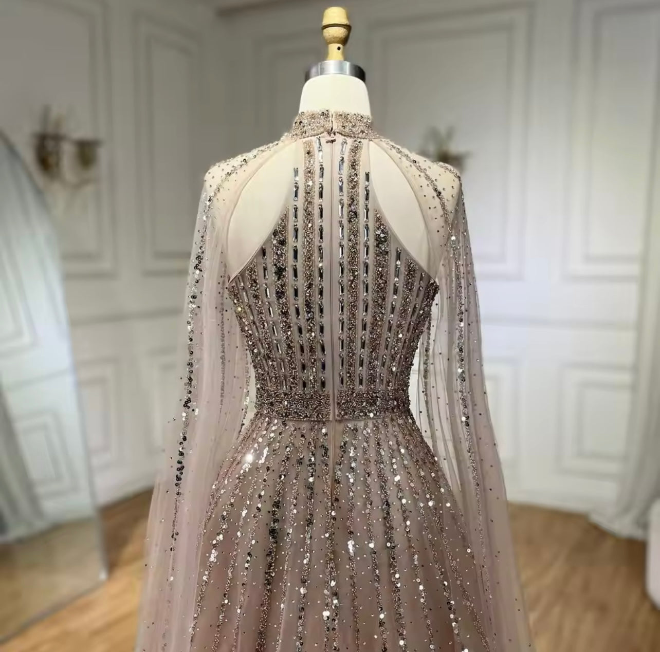 Caramel A-Line Cape Sleeves Beaded Luxury Dubai Evening Dresses Gowns For Women Guest of Wedding