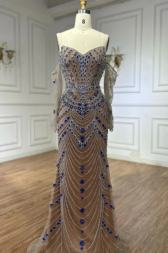 Blue Saudi Arabic Evening Gown Strapless Long Sleeves Beaded Dress For Formal Occasions Birthday Dress Ball Gown