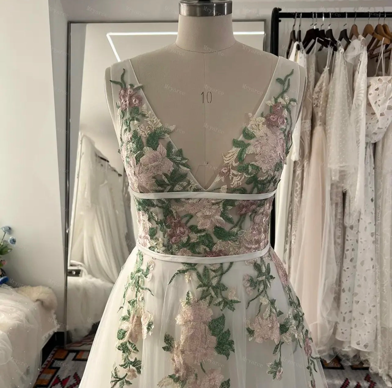 Colorful Embroidery Lace Flowy Wedding Dress Sleeveless A Line Open Back Bridal Gowns