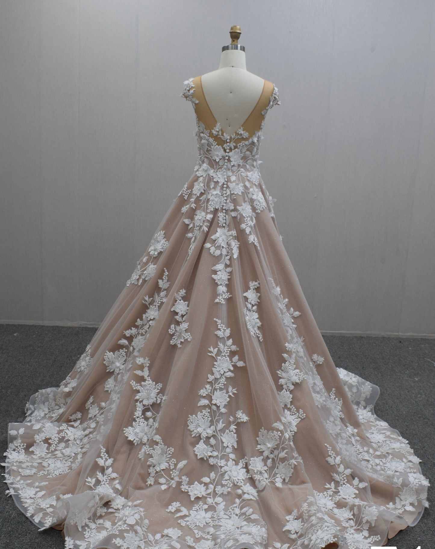 Sand Bridal Gown with Floral Lace Appliqué Pearls A-Line Cathedral Train Wedding Dresss