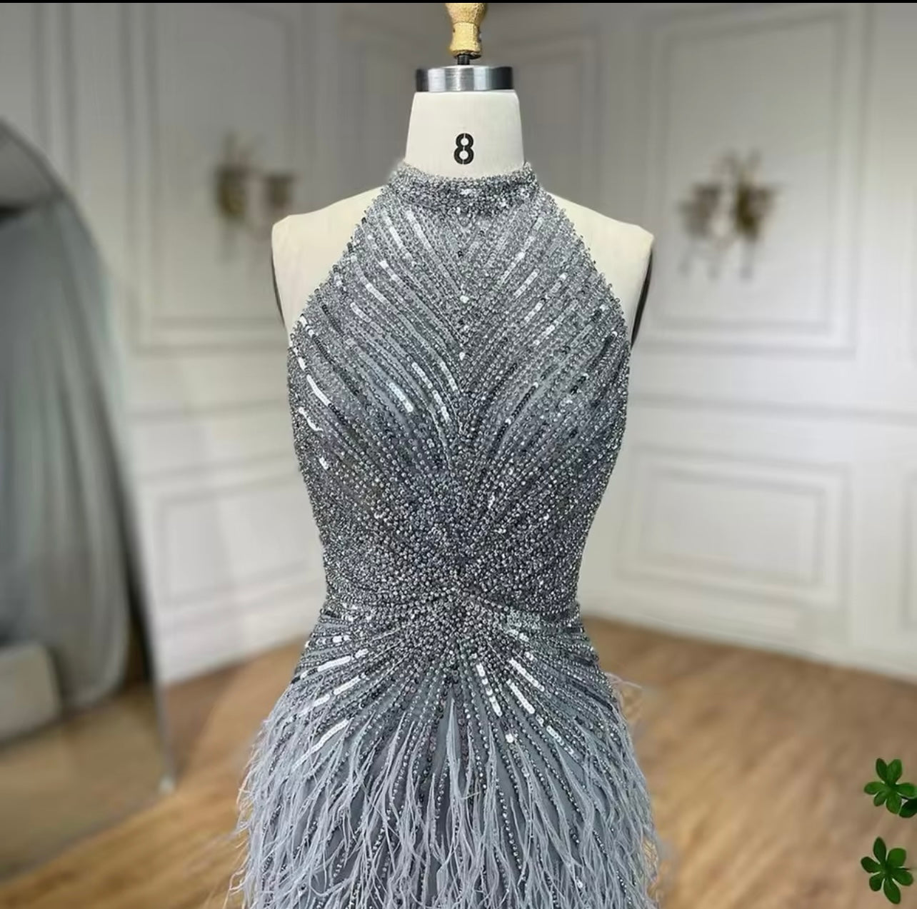 Luxury Beaded Feathers Mermaid Silver Gray Evening Dress Guest of Wedding Halter Backless Formal Gown