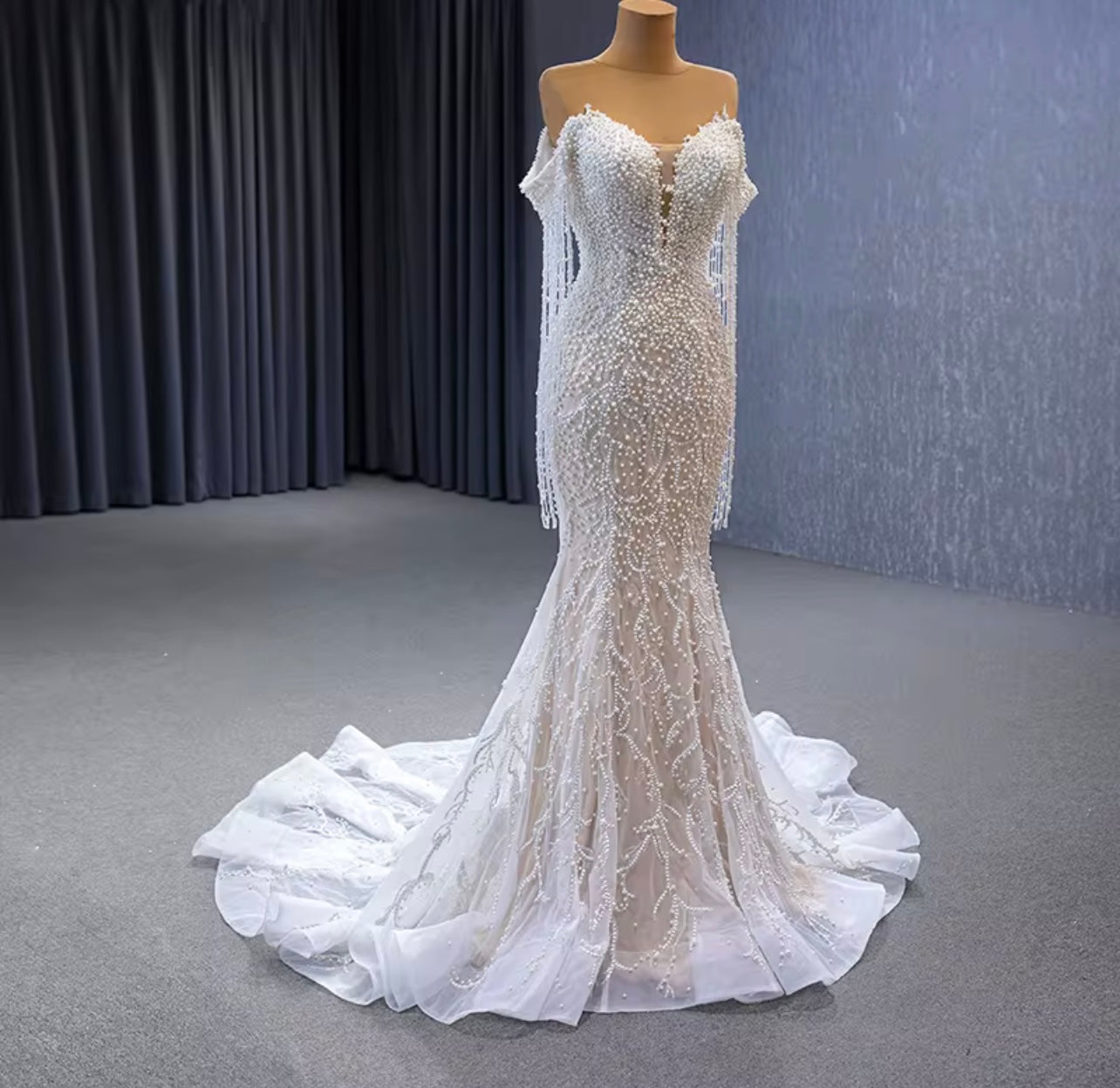 Ivory Off-The-Shoulder Full Sleeves Beads and Pearls Mermaid Wedding Dress