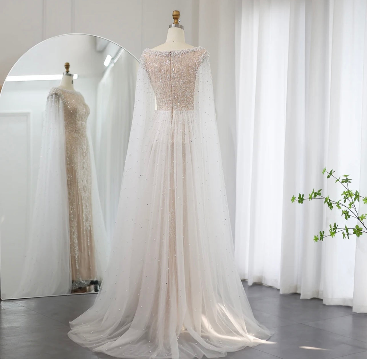White Nude Mermaid Evening Dress with Cape Sleeves for Women Wedding Guest of Wedding Gala Arabic Bridal Party Gown