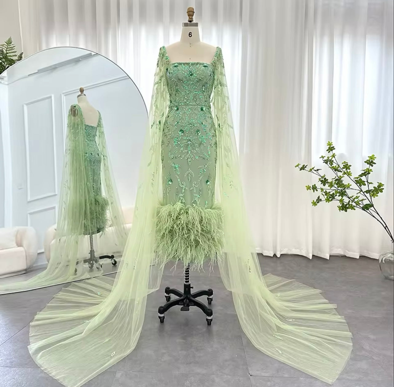 Purple Dubai Lilac Feathers Evening Dresses with Cape Sleeves Long Purple Guest of Wedding Ball Gown