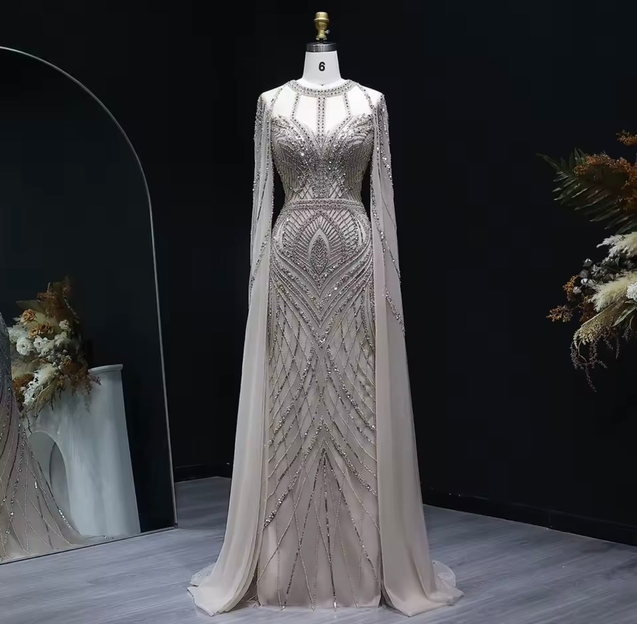 Luxury Dubai Green Mermaid Evening Dress with Cape Sleeves Caramel Arabic Women Wedding Party Ball Gown