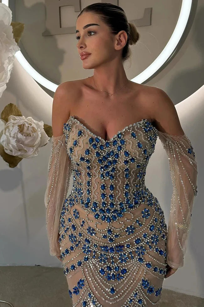 Blue Saudi Arabic Evening Gown Strapless Long Sleeves Beaded Dress For Formal Occasions Birthday Dress Ball Gown
