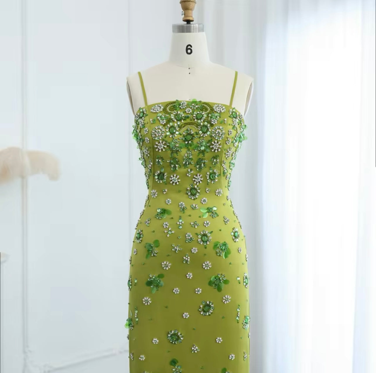 3D Floral Beaded Short Green Evening Dress with Spaghetti Straps Sheath Midi Women Guest of Wedding Bridal Party Ball Gowns