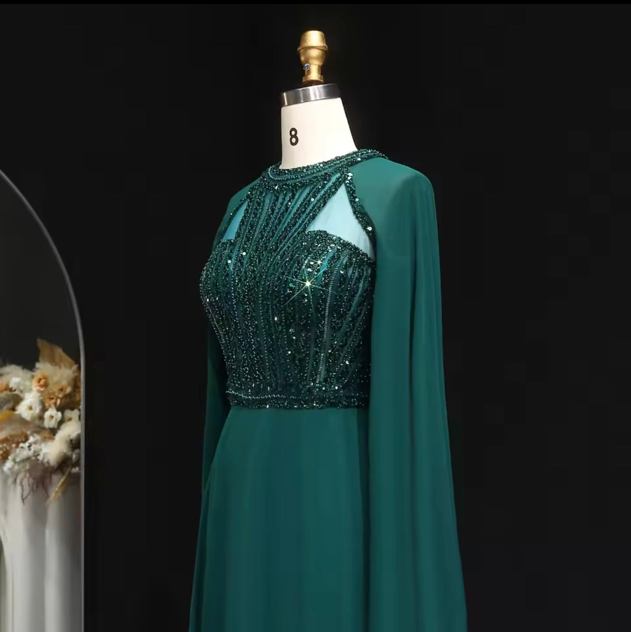 Emerald Green Sequined Evening Dress with Cape Sleeves Women Wedding Guest Gown Gala Gown