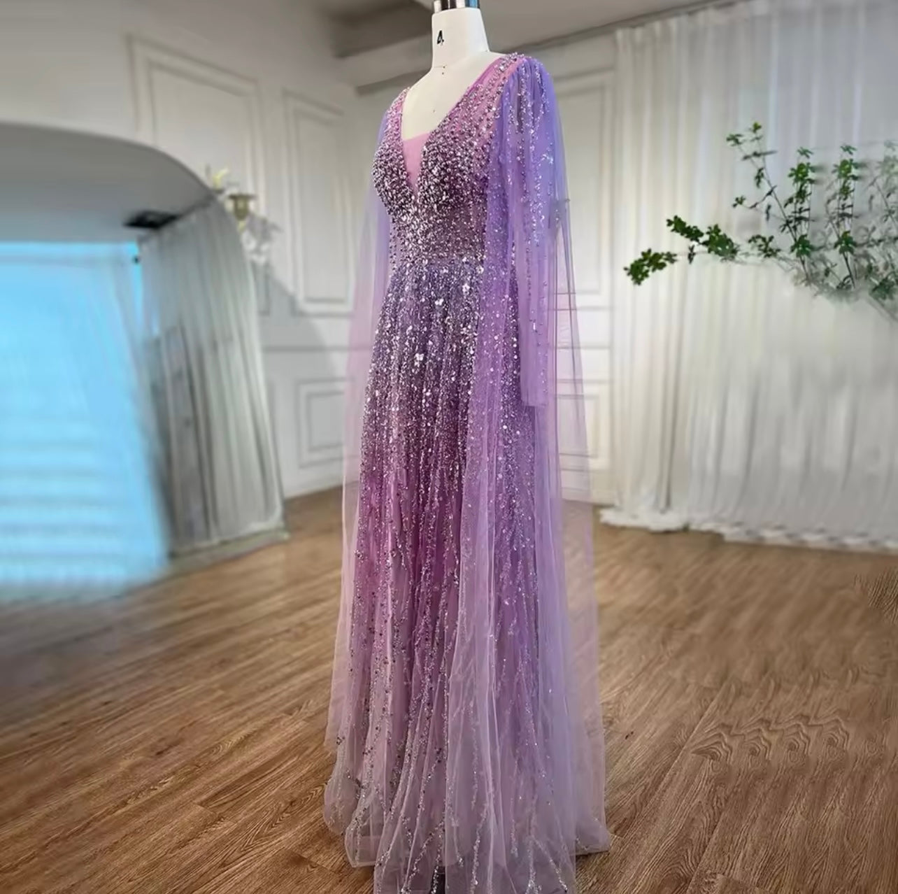Purple A Line Cape Sleeves V Neck Embellished Long Maxi Evening Ball Gown For Guest Of Wedding