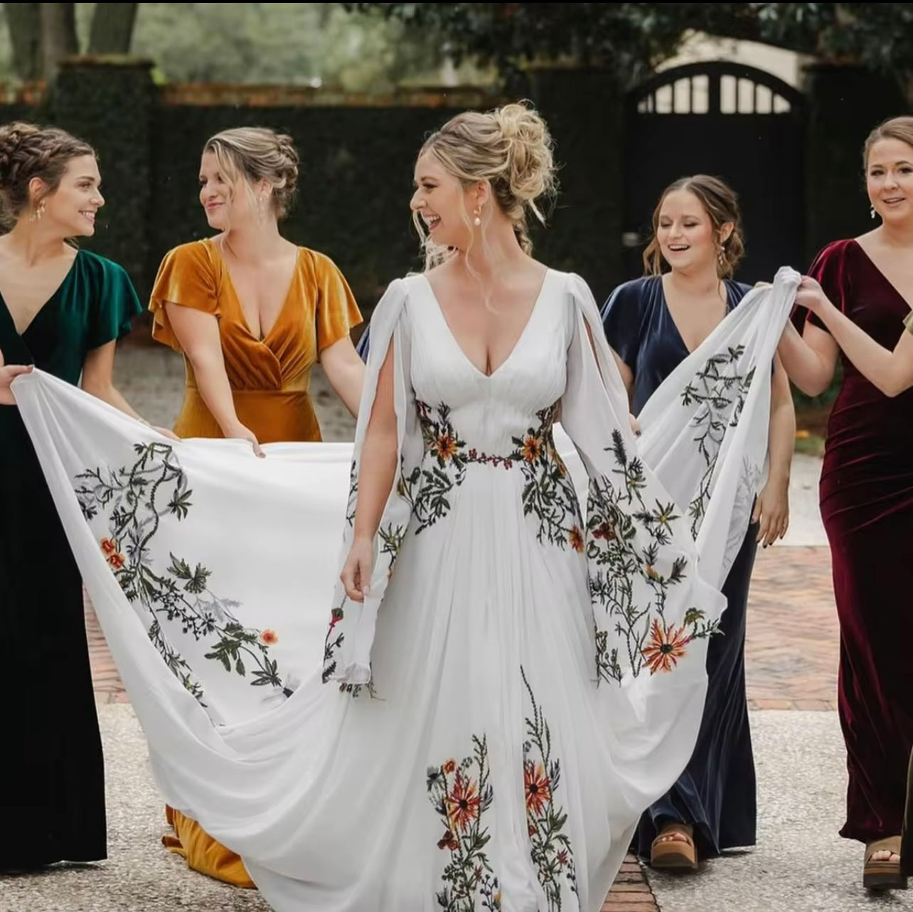 Ivory Embroidery Floral Dress Backless V Neck Floral Embroidery Fairytale Boho Wedding Dress