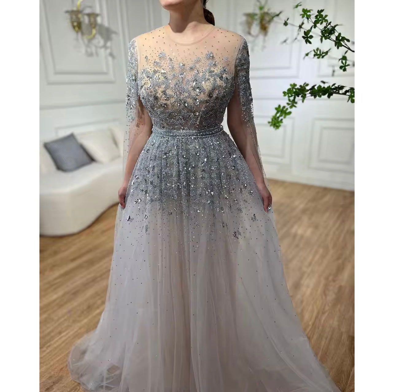 Blue Cape Sleeves Embellished Luxury Dubai Evening Dress Ball Gown Gala Gown 2024 Guest of Wedding Dress